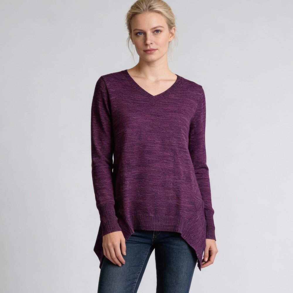 LOGO by Lori Goldstein Purple Marled Knit Shark-bite Sweater Sz S